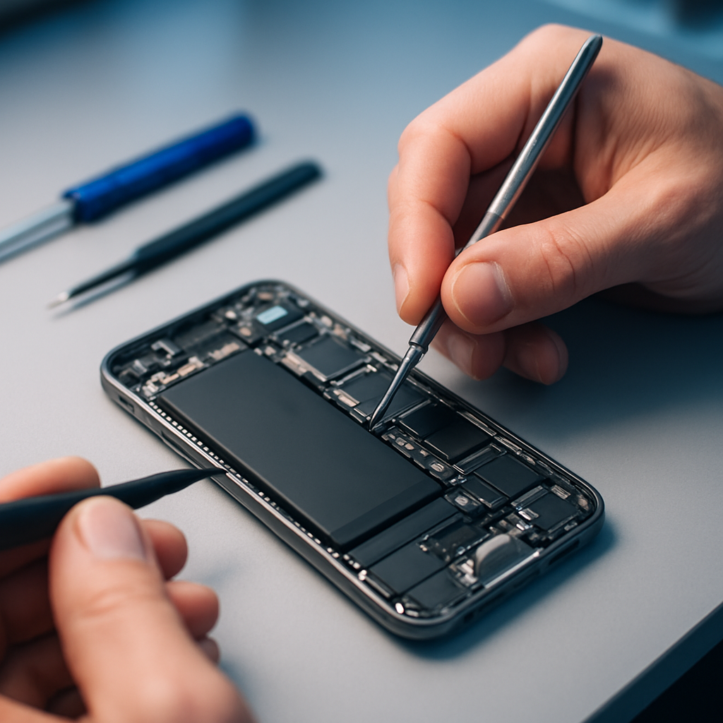 Técnico de Gestec reparando un celular con herramientas de precisión